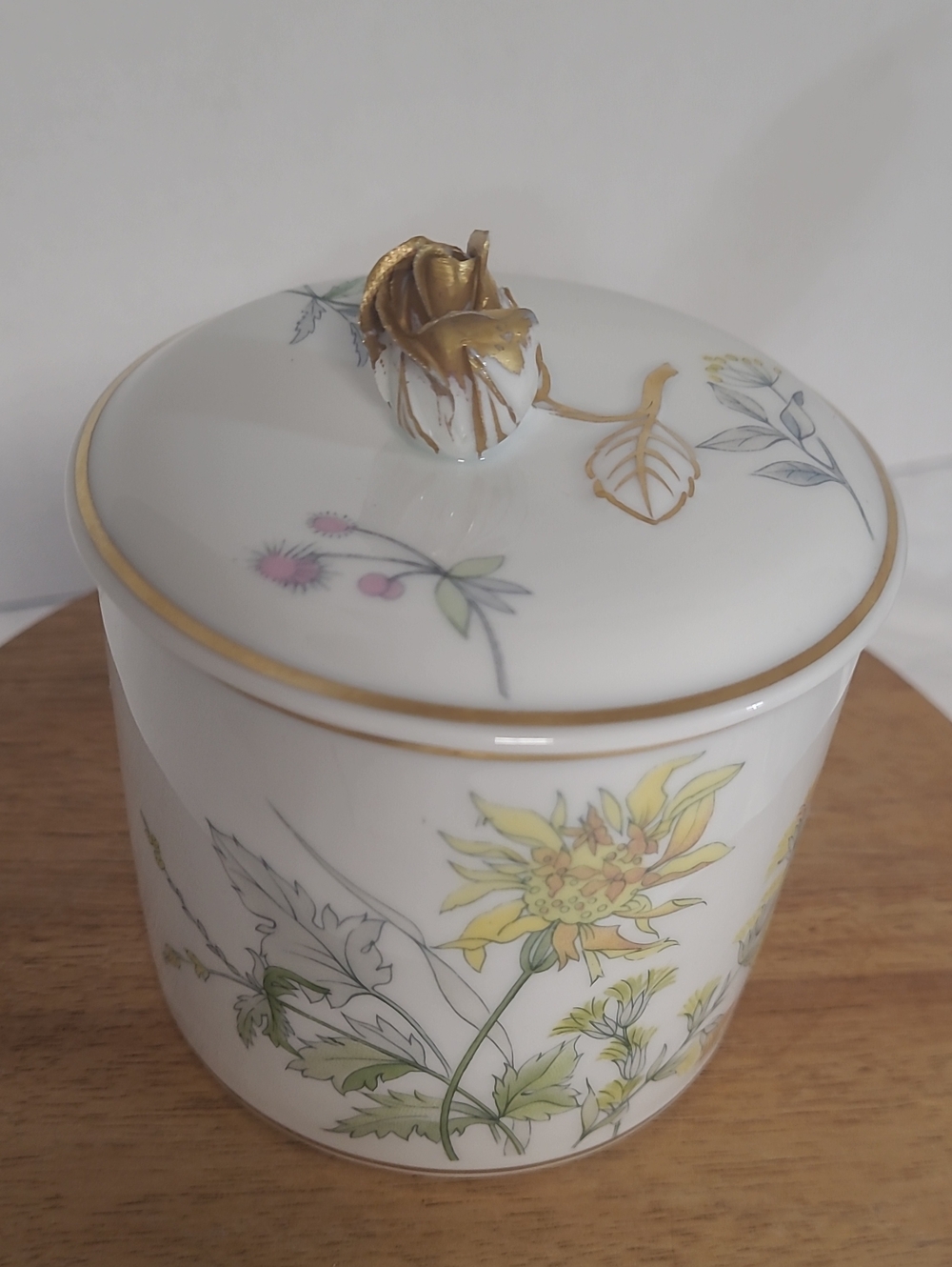 Antique Ginori Floral Trinket Jar with Gold Accents , Primavera Pattern.